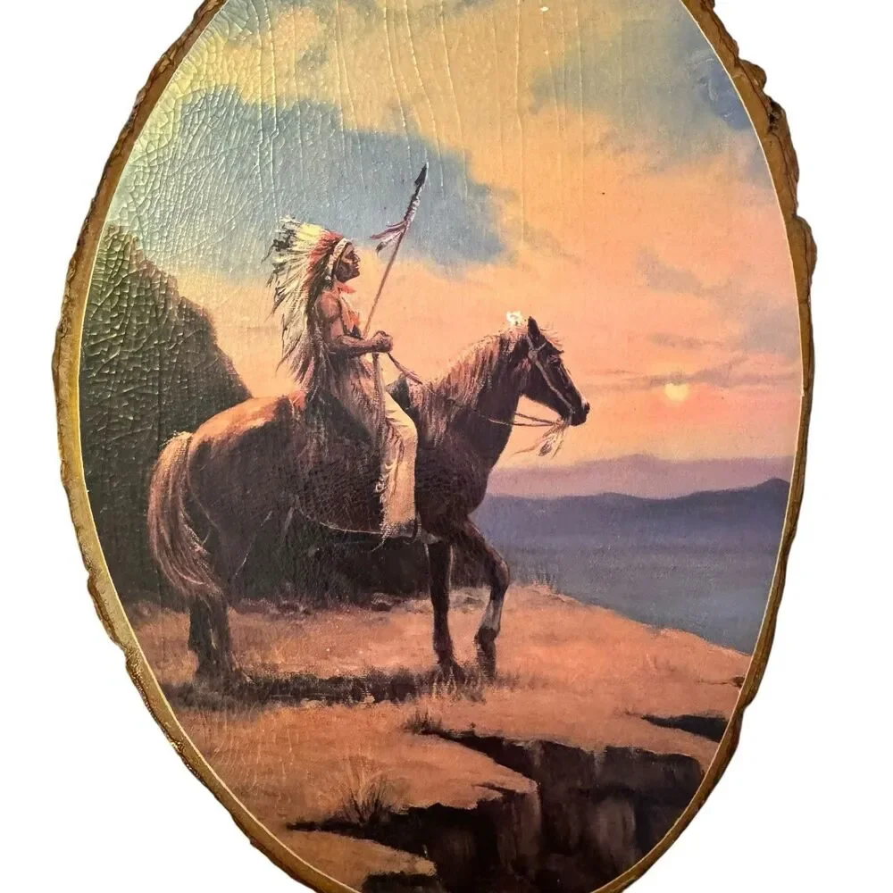 Vtg Wood Hand Painted Native‎ American Lincoln Silver And Montana Sunset Horse
